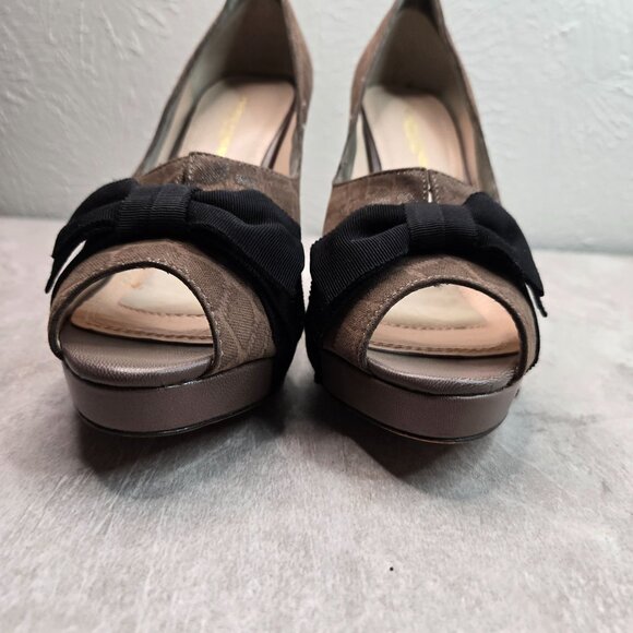 Bow Stiletto High Heels Size 8.5 Brown Suede Croc Dressy Peep Toe Platform Pumps - Picture 3 of 10